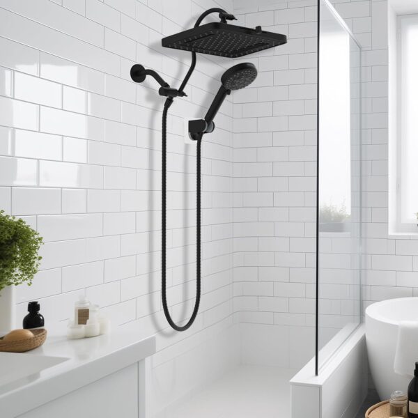 Hibbent Upgraded 5-spray 13'' Shower Head, High Pressure Rainfall Shower Head, Dual Showerhead Combo with 10-mode Handheld Spray, 12'' Adjustable Extension Arm, 71'' Hose, Shower Holder, Matte Black