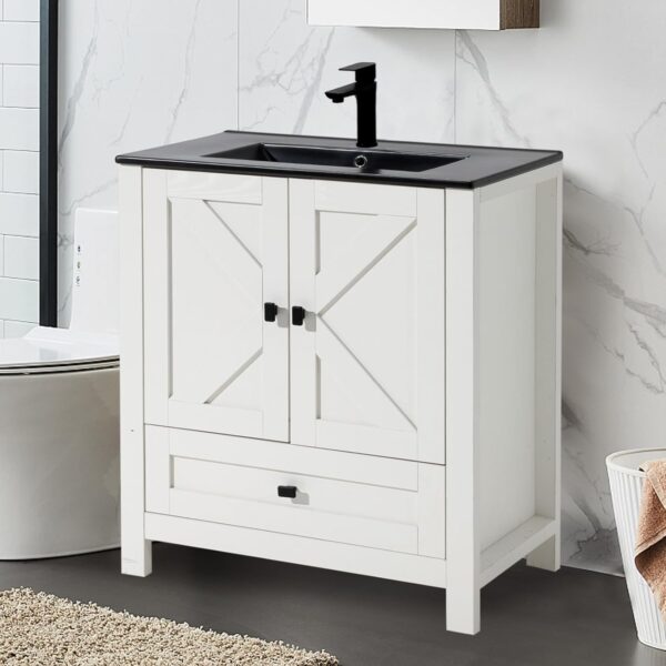 30" Bathroom Vanity with Sink, White Modern Bathroom Storage Cabinet with Black Drop in Bathroom Sink Combo Set