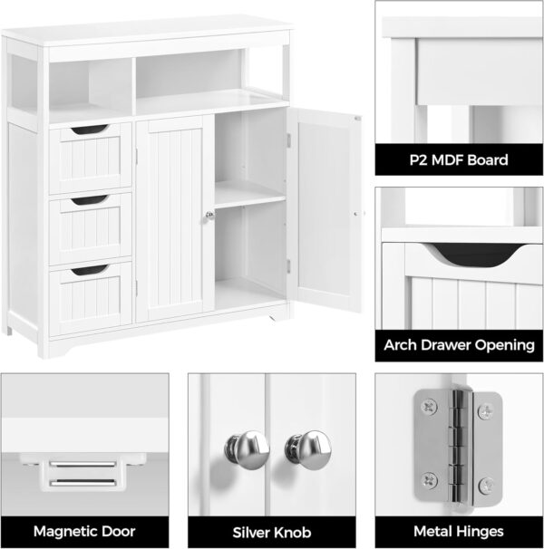 Yaheetech Bathroom Floor Cabinet, Wooden Storage Organizer with 3 Drawers and 2 Open Shelves, Freestanding Storage Cabinet with a Large Bottom Cabinet for Bathroom, Living Room, Kitchen, White