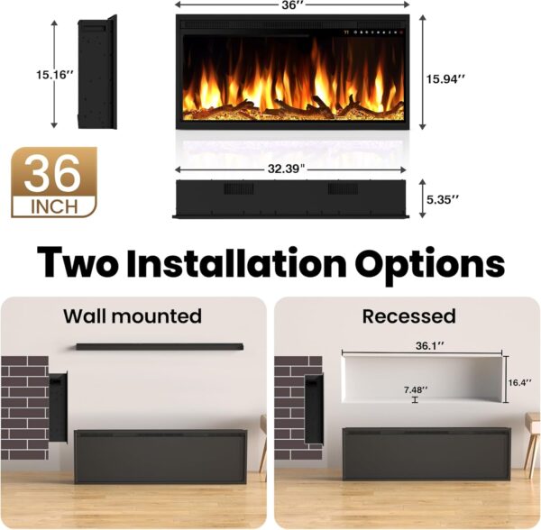 Smart 36" WiFi-Enabled Electric Fireplace Heater, Recessed in-Wall and Wall-Mounted Linear Fireplace,Compatible with Alexa,13 Adjustable Flame Color and 5 Brightness,1500/750 Watt Heater,Black