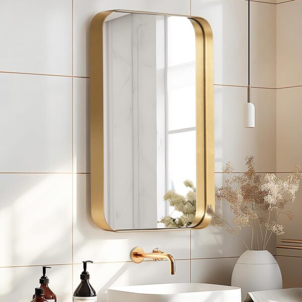 sogesfurniture Medicine Cabinets for Bathroom with Mirror, 24"x16" Modern Rectangle Recessed Bathroom Medicine Cabinet with Beveled Mirror, Wall Mounted Metal Bathroom Mirror with Storage, Gold