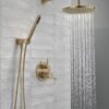 Delta Faucet Modern Raincan 2-Setting Round Shower System Including Rain Shower Head and Handheld Spray Gold, Rainfall Shower System Gold, Shower Valve and Trim Kit, Champagne Bronze 342702-CZ