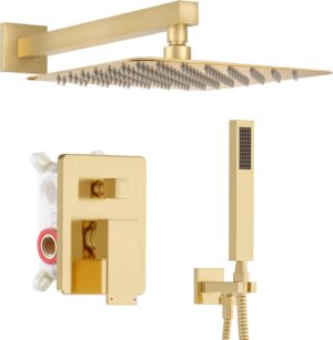 Alesco Shower System, Gold Shower Faucet Set with 10-Inch High-Pressure Rainfall Showerheads and Handheld Spray combo, Showerfixture Include Valve and Trim Kit, Brushed Gold