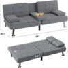Flamaker Futon Sofa Bed Modern Folding Futon Set Linen Fabric Convertible Recliner Lounge for Living Room with 2 Cup Holders, Removable Armrests (Fabric, Grey)