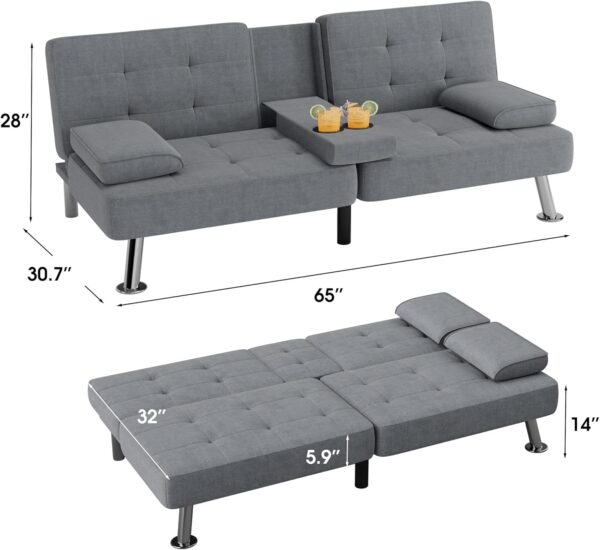 Flamaker Futon Sofa Bed Modern Folding Futon Set Linen Fabric Convertible Recliner Lounge for Living Room with 2 Cup Holders, Removable Armrests (Fabric, Grey)