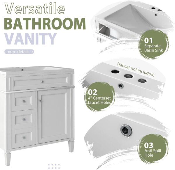 Linique 30" Bathroom Vanity with Mirror Cabinet Combo Set, Modern Bathroom Storage Cabinet with Ceramic Sink, 2 Drawers and a Tip-Out Drawer, Wall-Mounted Medicine Cabinet for Bathroom, White