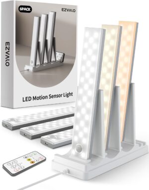 EZVALO 6-Pack Under Cabinet Lighting with Charging Station, Rechargeable Motion Sensor Lights, 3 Color Temps, Dimmable 62 LED Wireless Motion Activated Cabinet Lights with Remote for Kitchen,Pantry