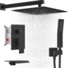 USHOWER 10 Inch Shower Head System with Tub Spout, High Pressure Shower System with Handheld Spray Combo, Wall Mounted Bathtub Shower Faucet Set, Matte Black (With Shower Valve)