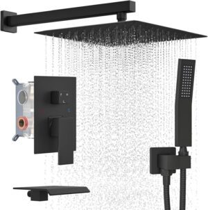 USHOWER 10 Inch Shower Head System with Tub Spout, High Pressure Shower System with Handheld Spray Combo, Wall Mounted Bathtub Shower Faucet Set, Matte Black (With Shower Valve)