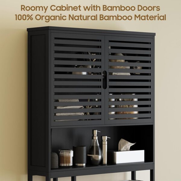 Over The Toilet Storage Cabinet, Bamboo Bathroom Cabinet with Adjustable Inside Shelf and Open Shelves, Freestanding Space-Saving Toilet Rack with Anti-Tip Design for Bathroom, Laundry, Black