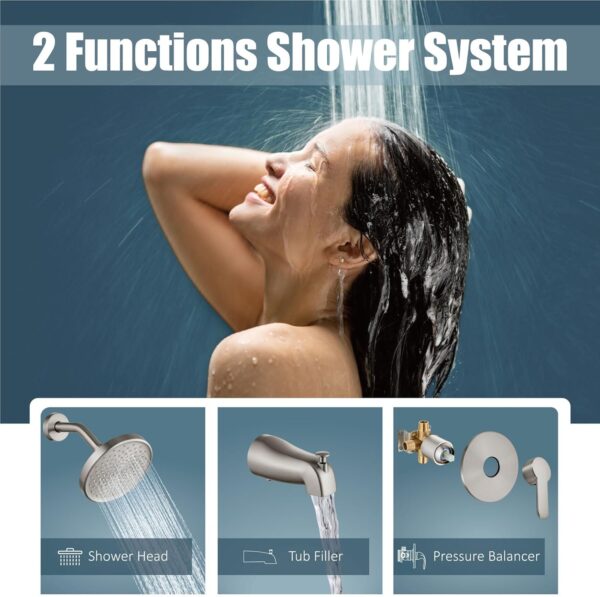 Aolemi Tub Shower Faucet Set With Valve Wall Mount Shower Trim Kit 6 Inch Bathtub Fixtures Rough-in Valve Single-Spray Shower Head System 5.3 Inch Tub Spout Brushed Nickel Modern