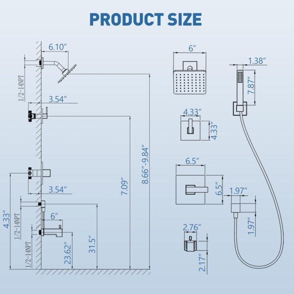 ESNBIA Bathtub Shower System with Tub Spout, Black Shower Faucet Set with 6" Rain Shower Heads, High Pressure Shower Head Set, Wall Mount Shower Fixtures with 3-Way Shower Diverter, Matte Black