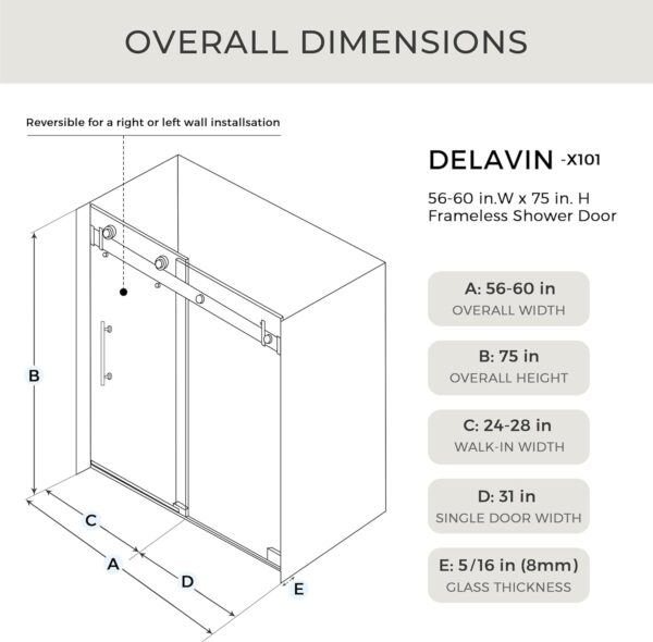 DELAVIN 56-60.in W x 75.in H Frameless Shower Door, Water Repellent Glass Shower Door with 5/16" (8mm) Clear Tempered Glass, Easy Sliding Showe Door with Explosion-Proof Film, Stainless Steel