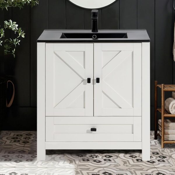 30" Bathroom Vanity with Sink, White Modern Bathroom Storage Cabinet with Black Drop in Bathroom Sink Combo Set