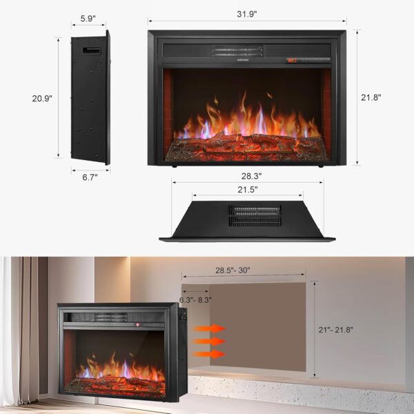 32" Electric Fireplace Inserts Heater - Recessed Fire Places Electric Fireplace Insert with Remote Control, 8H Timer, 6 Brightness Settings, 750 | 1500W, (32" W x 22" H) Black
