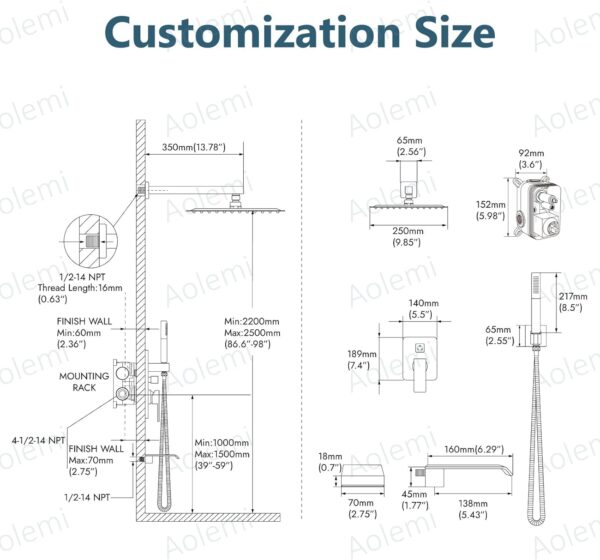 Aolemi 10 Inch Rainfall Shower Tub Faucet Set Wall Mount,Tub and Shower Faucet Combo,Shower System,with 2 in 1 Handheld Sprayer,Rough-in Valve,with Curved Spout,Matte Black