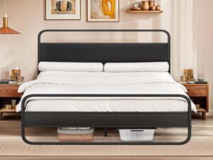DWVO Queen Bed Frame with Wooden Headboard & Footboard, Heavy Metal Platform, Easy Assembly, 1212lbs Capacity, Under-Bed Storage, Noise-Free,Black,Queen