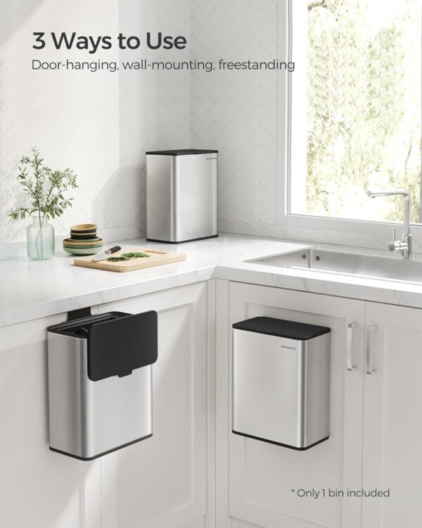 SONGMICS Hanging Trash Can, 2.1-Gallon (8 L) Small Kitchen Garbage Can with Lid, Cabinet Door Hanging or Wall-Mounted with Hooks, for Under Sink, Bathrooms, Metallic Silver ULTB810E08