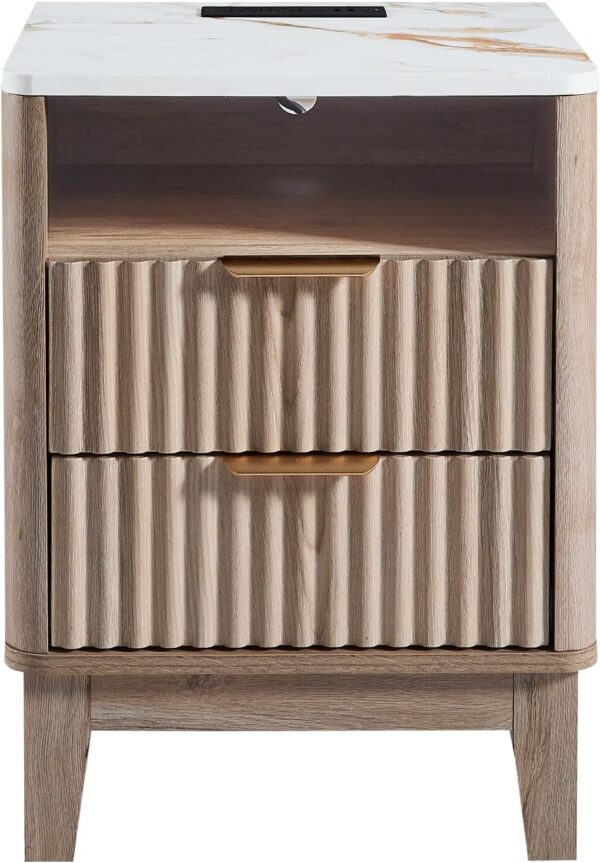 Nightstand with Charging Station, 18" Bedside Table with Faux Marble Top, 2 Drawers Night Stand Fluted Curved Wood End Table for Bedroom, Living Room, Modern Rustic Storage Cabinet, Natural Oak