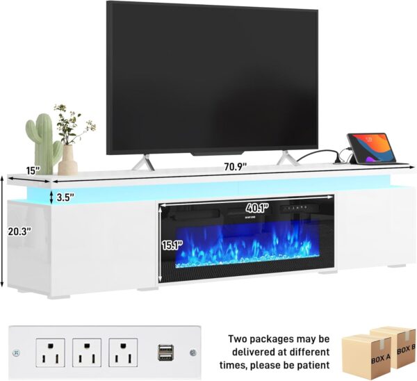 71Inch LED TV Stand with 40In Fireplace for 80Inch TV, Modern Fireplace TV Stand with Power Outlet, High Gloss TV Console Entertainment Center with Storage for Living Room (71 Inch, White)