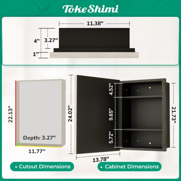TokeShimi 14x24 Recessed or Surface Mounted Medicine Cabinet Mirrored, Brushed Nickel Bathroom Medicine Cabinet Mirror Aluminum Framed Modern Farmhouse, Metal Mirror with Storage Adjustable