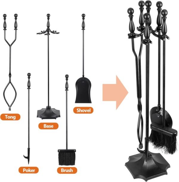 5 Pieces Fireplace Tools Sets Indoor Outdoor Wrought Iron Large Fire Place Set Tools, Fire Pit Tools with Poker Shovel Tongs Brush and Stand, Black