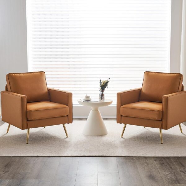 VINGLI Modern PU Leather Accent Chair for Living Room,Bedroom Comfy Chair Arm Chair Reading Chair with Golden Metal Legs and Deep Seat for Office,Apartment,Small Space,Cognac