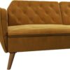 Novogratz Tallulah 83 Inch Futon Sofa Bed in Velvet Fabric, Upholstered Couch Sleeper with Memory Foam and Tufted Back, Mid-Century Modern, Mustard