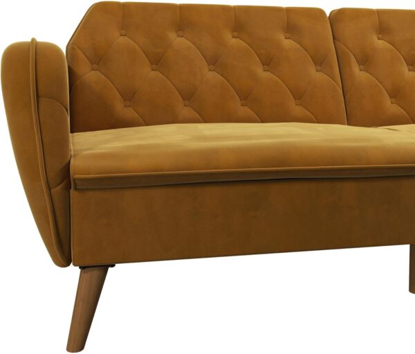 Novogratz Tallulah 83 Inch Futon Sofa Bed in Velvet Fabric, Upholstered Couch Sleeper with Memory Foam and Tufted Back, Mid-Century Modern, Mustard