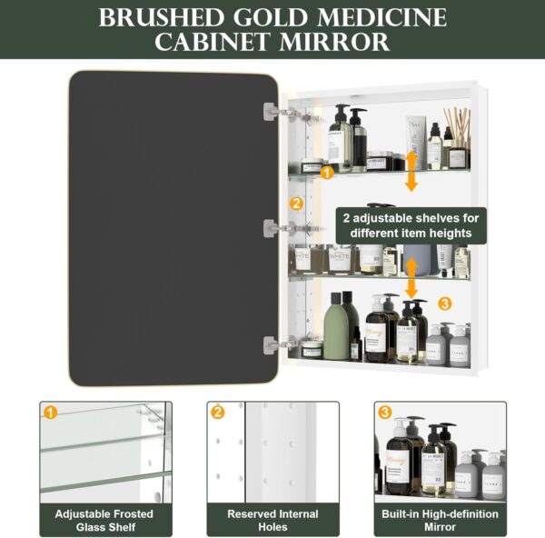 WallBeyond WallByond Bathroom Medicine Cabinet with Mirror, 24x36 Inch Gold Recessed Medicine Cabinet with Round Corner Aluminum Alloy Metal Framed, Single Door Modern MedicineMabinet with Storage