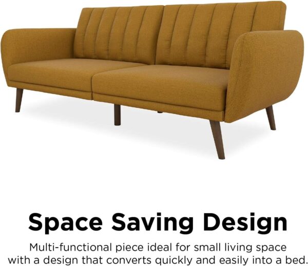 Novogratz Brittany 82 Inch Futon Sofa Bed, Upholstered Couch Sleeper with Tufted Back, Mid-Century Modern, Mustard