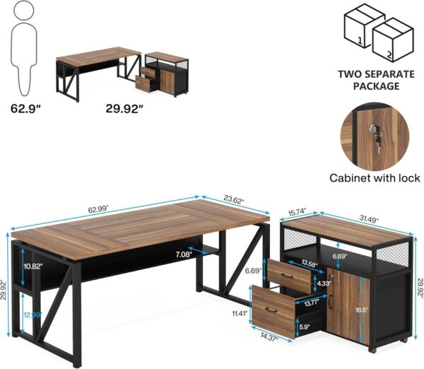 Tribesigns 63" Executive Desk with Reversible File Cabinet, Large L-Shaped Office Desk with Drawers, Business Furniture Workstation for Home Office