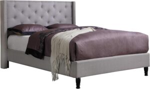 Homelife Queen Size Platform Bed Frame Linen Fabric Durable - 51-Inch Upholstered Headboard - Light Grey - Sturdy Wooden Bed Modern Bedroom Décor