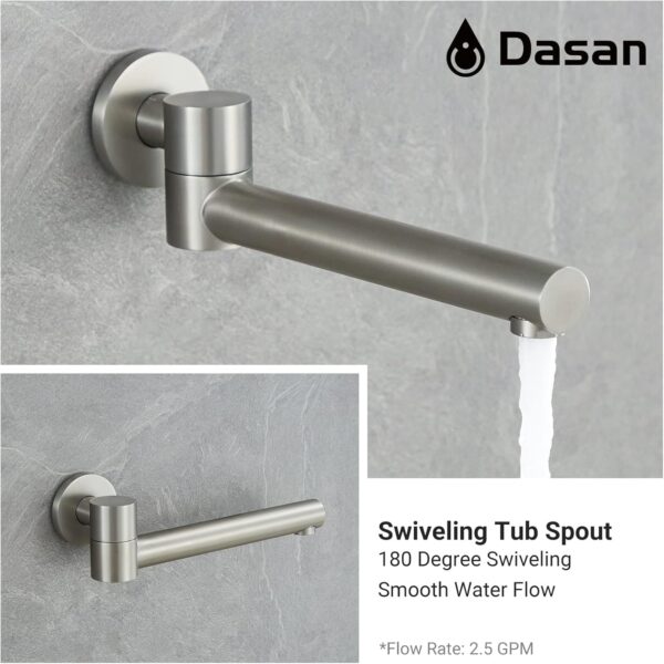 DASAN Tub Shower Faucets Sets Complete Bathtub Faucet Set Brushed Nickel Bathtub Shower System with Tub Spout, Bathroom Tub and Shower Faucet Combo Trim Kit with Rough-in Valve, DA-SS03BN-R10W
