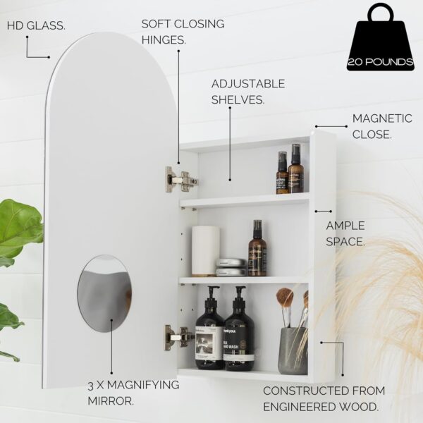 Arched Medicine Cabinet With Mirror For Bathroom Wall, Surface Mount Or Recessed Medicine Cabinet With Mirror -17" x 32", Large Medicine Cabinet Bathroom Mirror With Storage, Modern Medicine Cabinet