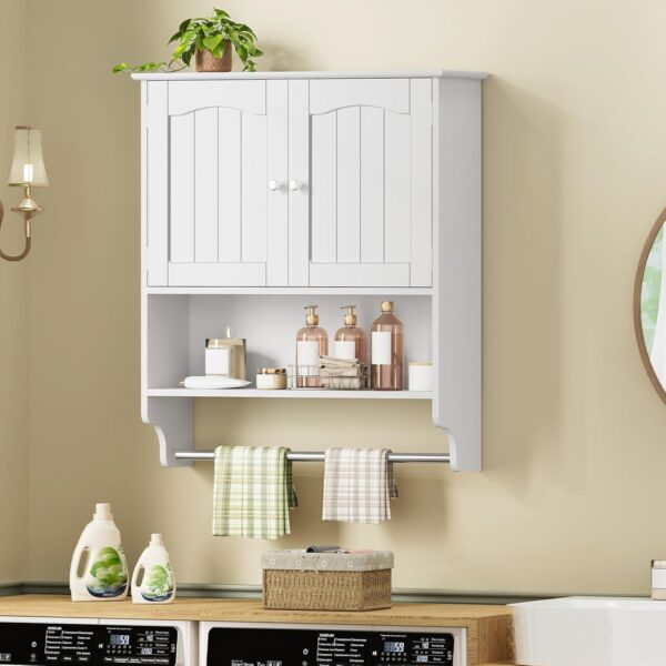 Iwell Bathroom Cabinet Wall Mounted with Towel Rack & Adjustable Shelf, Over The Toilet Storage Cabinet, Medicine Cabinet for Bathroom, White