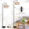 Arc Floor Lamp with Remote Control, Dimmable LED Floor Lamp with 3 Color Temperature, Black Standing Lamp with Rattan & Fabric Double Drum Shade, Boho Farmhouse Tall Pole Lamp for Living Room Bedroom