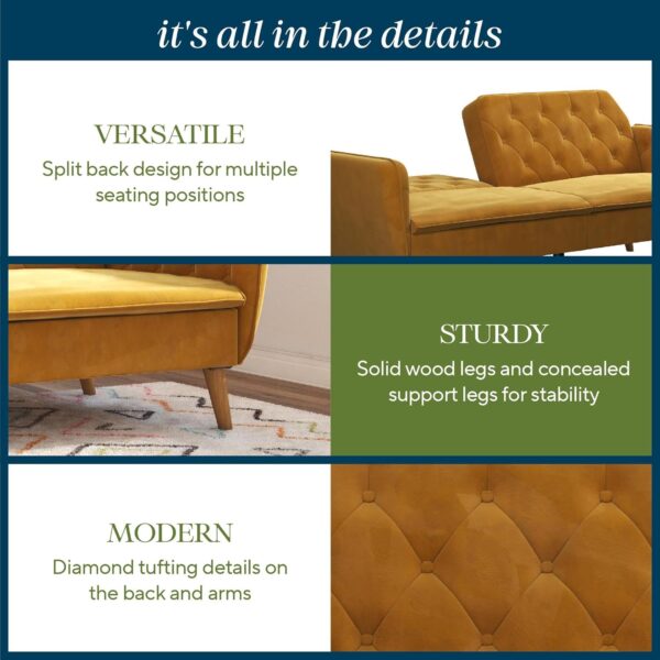 Novogratz Tallulah 83 Inch Futon Sofa Bed in Velvet Fabric, Upholstered Couch Sleeper with Memory Foam and Tufted Back, Mid-Century Modern, Mustard