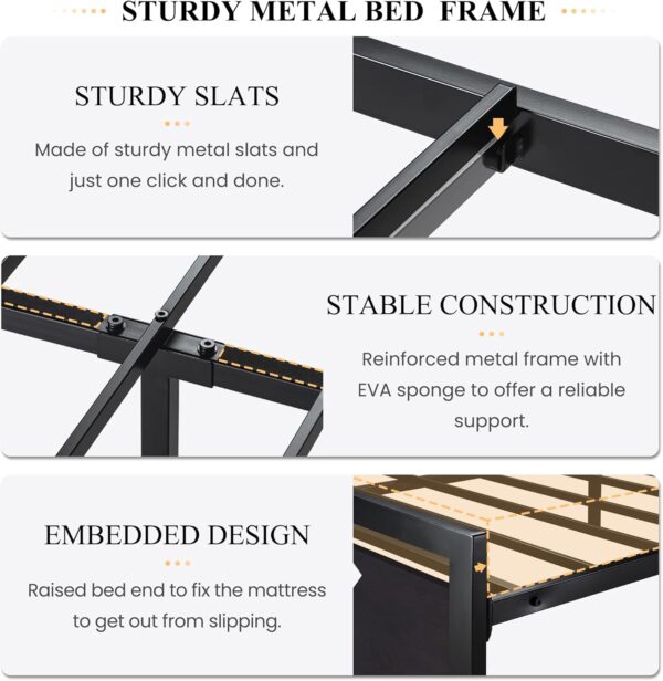 SHA CERLIN Queen Size Bed Frame with Modern Headboard, Heavy Duty Platform Metal Base with Square Footboard and 13 Strong Slats Support, No Box Spring Needed, Black