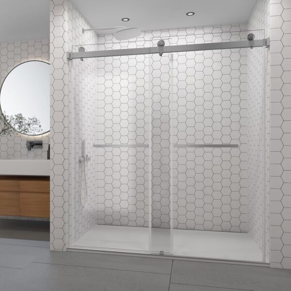 Shower Doors Frameless 52-54" W x 76" H Width Adjustable Double Sliding Glass Door 3/8"(10mm) Easy Clean Stainless Steel Hardware (Brushed Nickel)