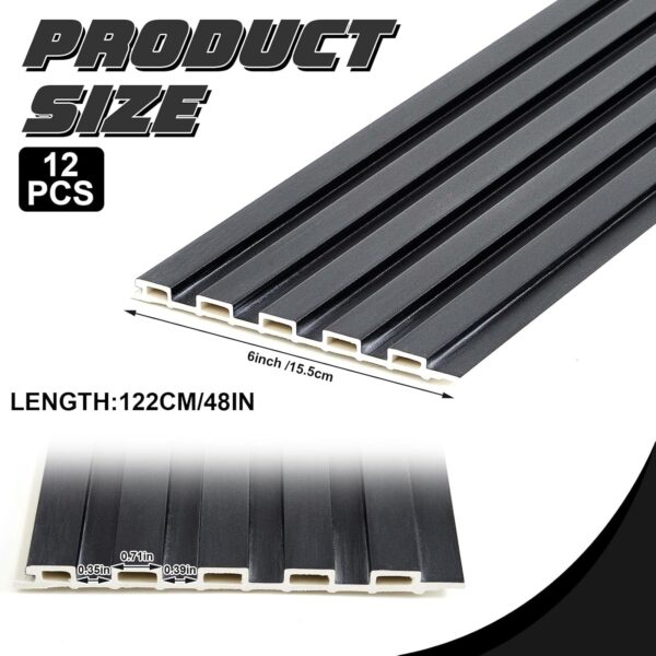 12 Pack 48 x 6 Inch Wood Slat Wall Paneling Black Wainscoting Panels Acoustic WPC Wall Panel Planks Decorative 3D Wall Panels for Interior Wall Decor, Living Room, Bedroom, TV Background