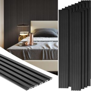 12 Pack 48 x 6 Inch Wood Slat Wall Paneling Black Wainscoting Panels Acoustic WPC Wall Panel Planks Decorative 3D Wall Panels for Interior Wall Decor, Living Room, Bedroom, TV Background