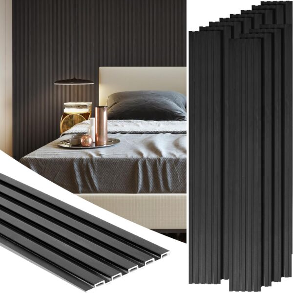 12 Pack 48 x 6 Inch Wood Slat Wall Paneling Black Wainscoting Panels Acoustic WPC Wall Panel Planks Decorative 3D Wall Panels for Interior Wall Decor, Living Room, Bedroom, TV Background