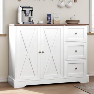 IDEALHOUSE Buffet Cabinet with Storage Drawers and Doors, Farmhouse Coffee Bar Cabinet with Adjustable Shelf for Kitchen, Living Room, White
