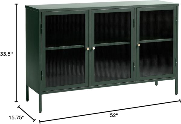71omJjnKUaL._AC_SL1500_.jpg Modern Tempered Fluted Glass & Steel Sideboard with 3 Hinged Doors, 2 Adjustable Shelves, Bookcases, Cabinets, Entertainment, Filing & Storage for Home Office, Kitchen, 52x15.75x33.5 in.