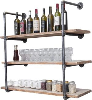 3 level Wall Mounted Iron Floating Pipe Shelves/Racks/Storage/Bookcases, DIY Open Bookshelves/Shelving for Kitchen/Office, Retro Black,(4-Tier Shelf Brackets,Not Include Planks)