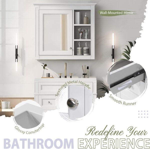 Linique 30" Bathroom Vanity with Mirror Cabinet Combo Set, Modern Bathroom Storage Cabinet with Ceramic Sink, 2 Drawers and a Tip-Out Drawer, Wall-Mounted Medicine Cabinet for Bathroom, White