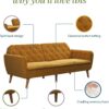 Novogratz Tallulah 83 Inch Futon Sofa Bed in Velvet Fabric, Upholstered Couch Sleeper with Memory Foam and Tufted Back, Mid-Century Modern, Mustard