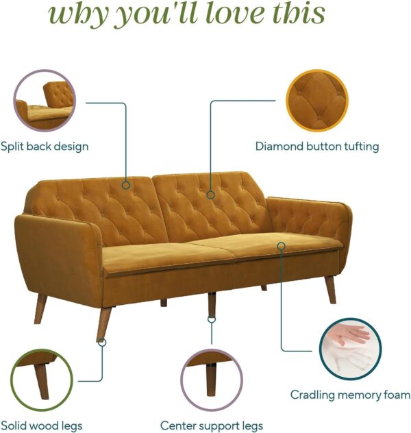 Novogratz Tallulah 83 Inch Futon Sofa Bed in Velvet Fabric, Upholstered Couch Sleeper with Memory Foam and Tufted Back, Mid-Century Modern, Mustard