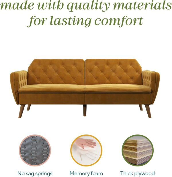 Novogratz Tallulah 83 Inch Futon Sofa Bed in Velvet Fabric, Upholstered Couch Sleeper with Memory Foam and Tufted Back, Mid-Century Modern, Mustard